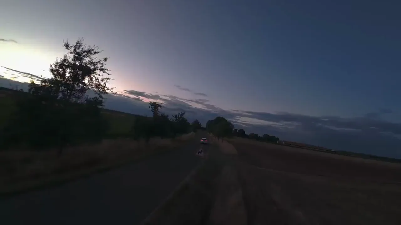 Drohnenaufnahme eines hellen Autos auf einer Landstraße zwischen abgeernteten Feldern in der Abenddämmerung.